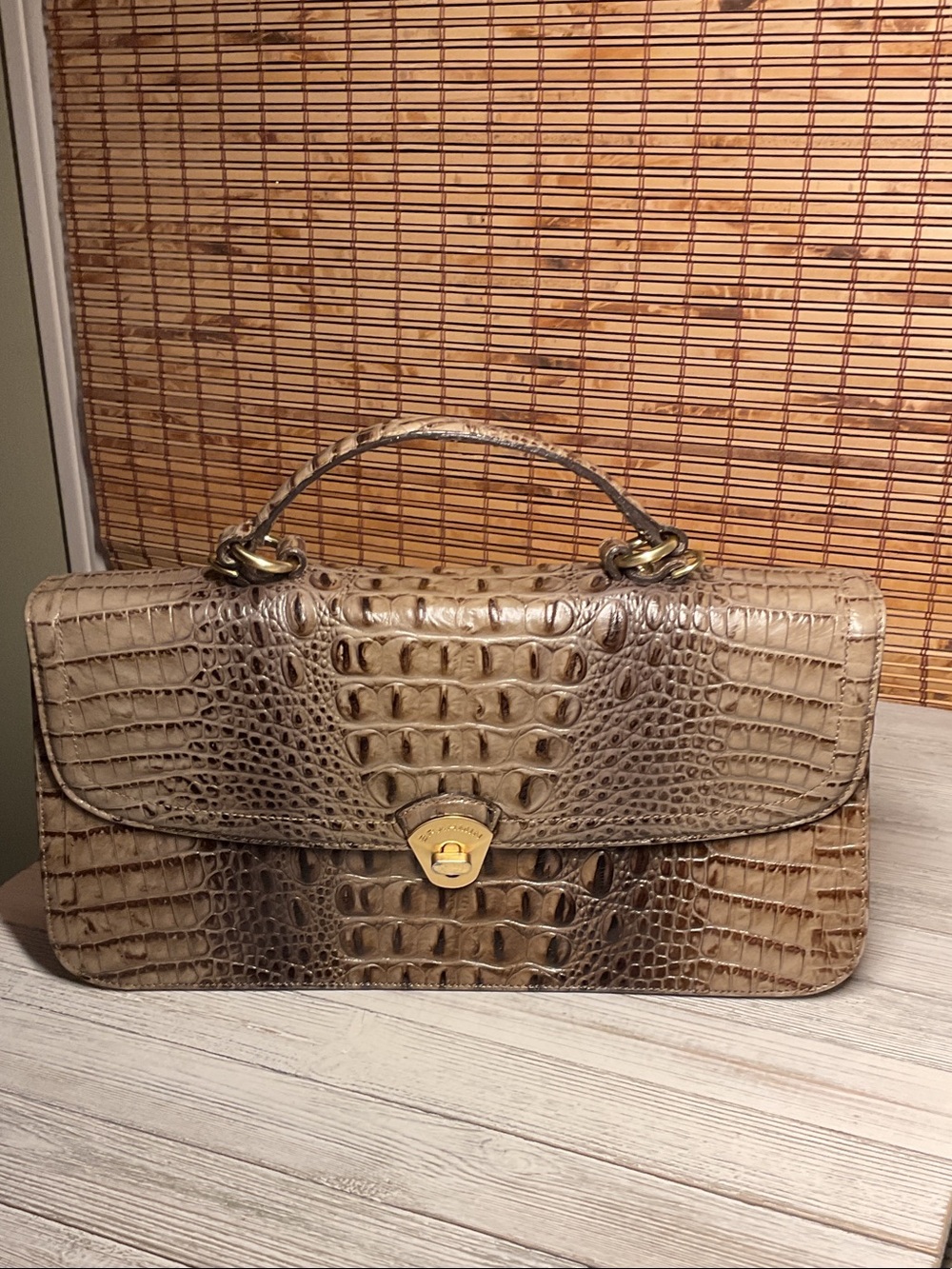 Vintage Brahmin satchel Melbourne taupe and brown crocodile-embossed leather EUC - Picture 1 of 9